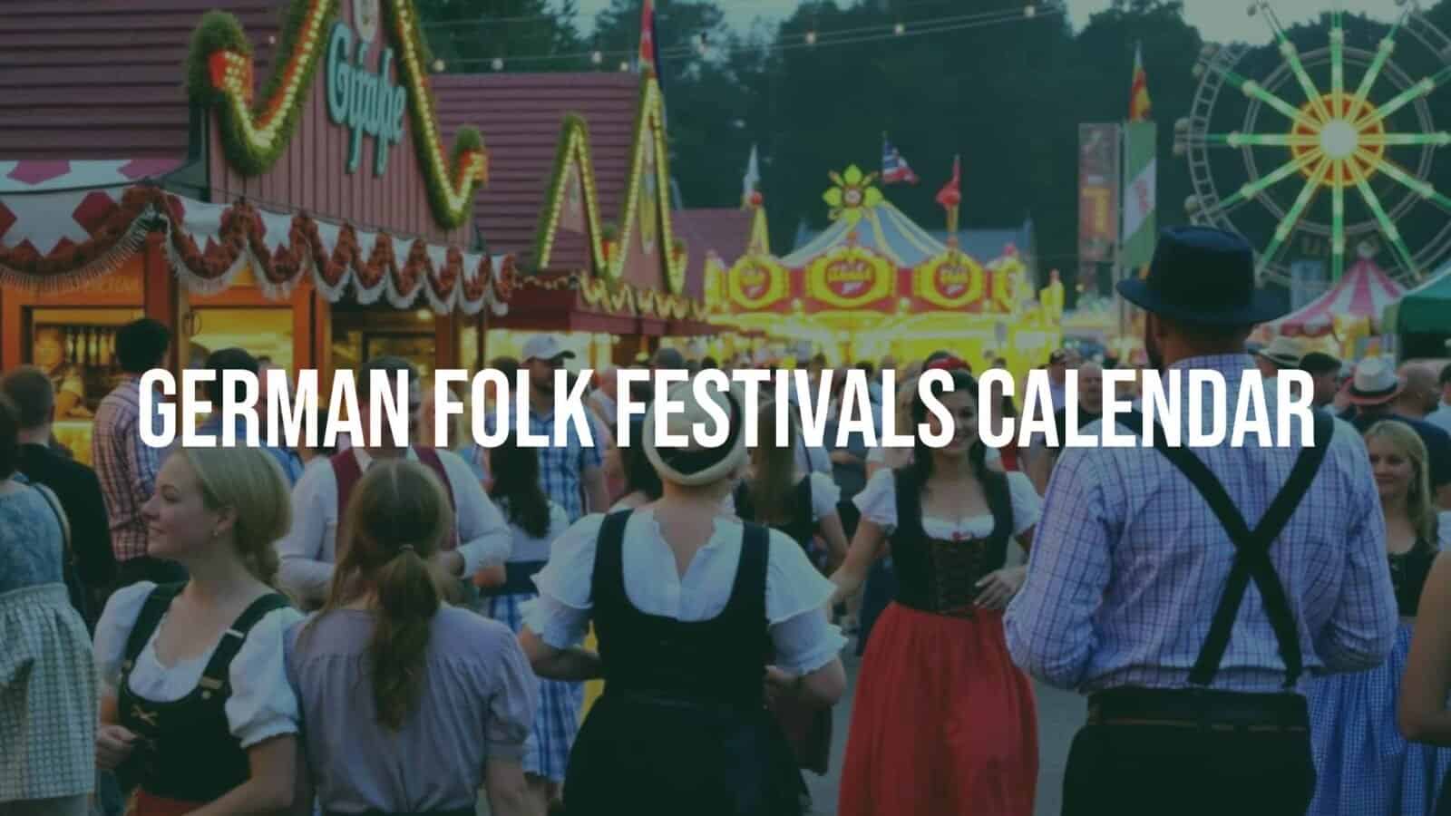 Colorful German folk festival scene with people in traditional costumes, lively music, food stalls, and amusement rides, festive atmosphere, realistic.