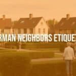 German neighborhood with tidy houses, neighbors politely greeting each other, clean sidewalks, orderly gardens, warm but reserved atmosphere, realistic style.