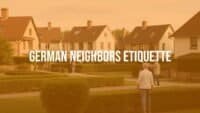 German neighborhood with tidy houses, neighbors politely greeting each other, clean sidewalks, orderly gardens, warm but reserved atmosphere, realistic style.