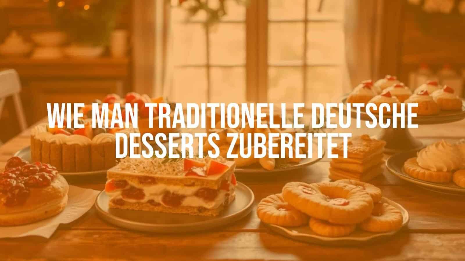Traditional German desserts on a wooden table, including fruit-filled cakes, cream pastries, and holiday cookies, warm lighting, cozy atmosphere, realistic.