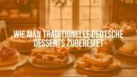 Traditional German desserts on a wooden table, including fruit-filled cakes, cream pastries, and holiday cookies, warm lighting, cozy atmosphere, realistic.