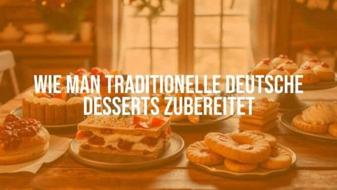 Traditional German desserts on a wooden table, including fruit-filled cakes, cream pastries, and holiday cookies, warm lighting, cozy atmosphere, realistic.