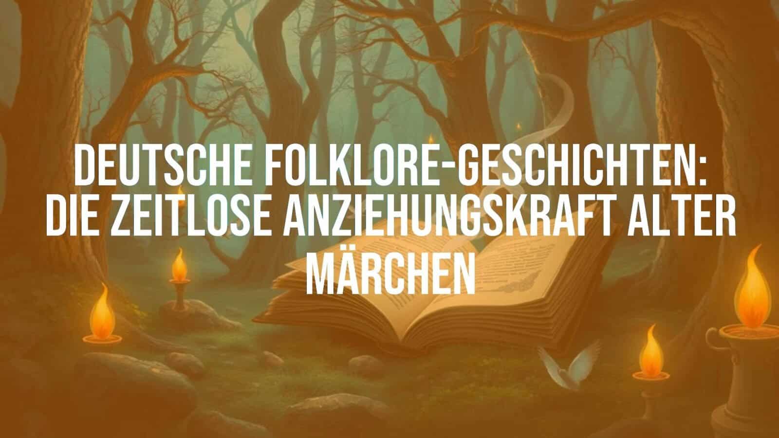 A mystical German forest scene with fairy tale elements, old book with glowing runes, enchanted atmosphere, soft lighting, illustrative style.