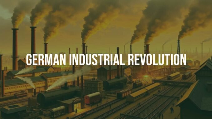 German Industrial Revolution, 19th century, factories with smokestacks, steam engines, coal mining, steel production, railway construction, workers in old-fashioned clothing, urban growth, detailed realistic style.