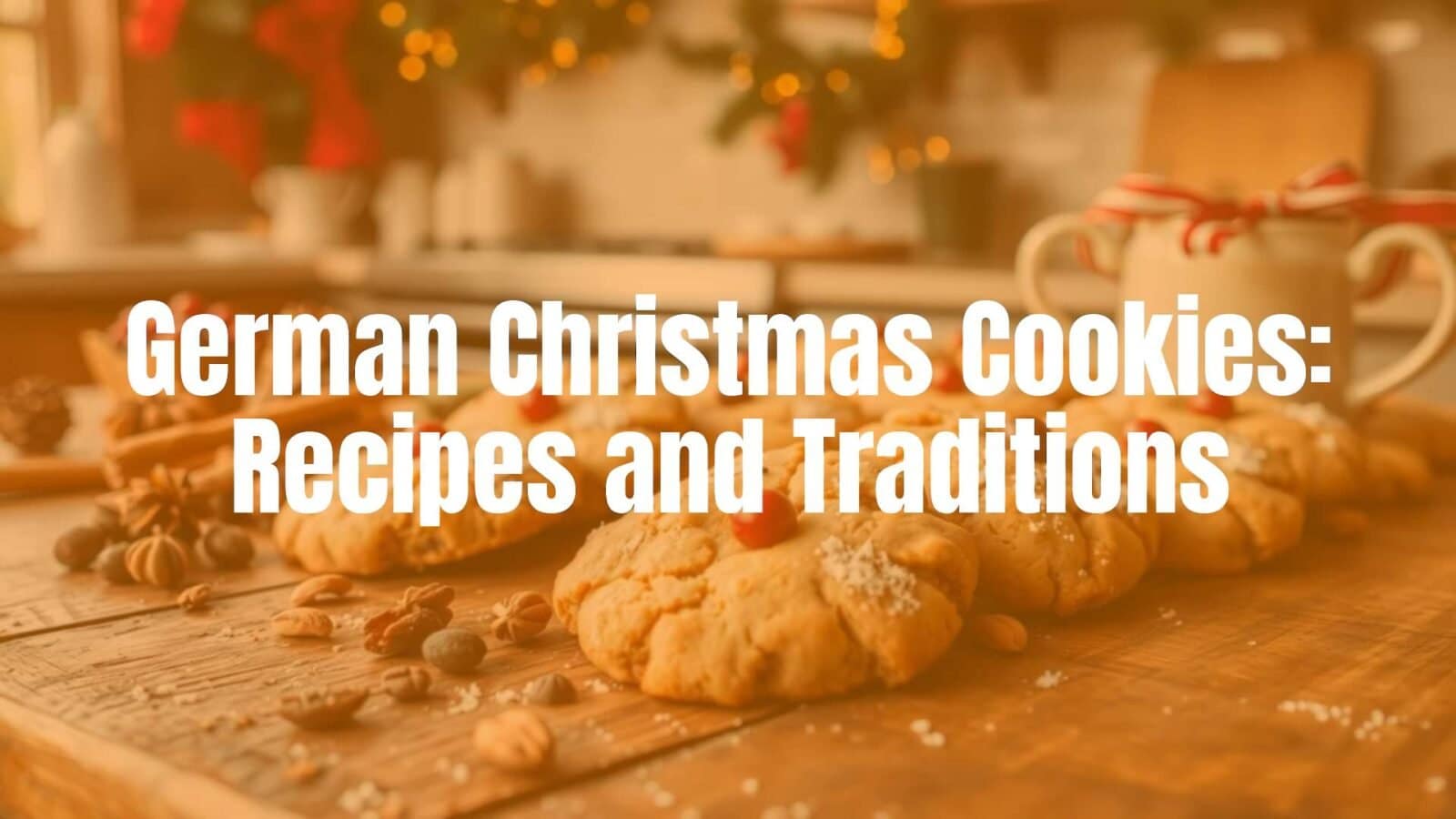 German Christmas cookies (Weihnachtsplätzchen) on a rustic wooden table, festive holiday setting, warm spices, nuts, dried fruits, cozy kitchen lighting, traditional and inviting.