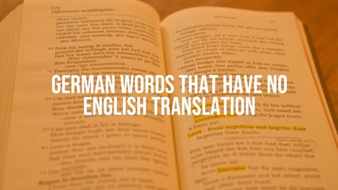 German dictionary with highlighted untranslatable words, vintage paper texture, warm lighting, illustrative style.