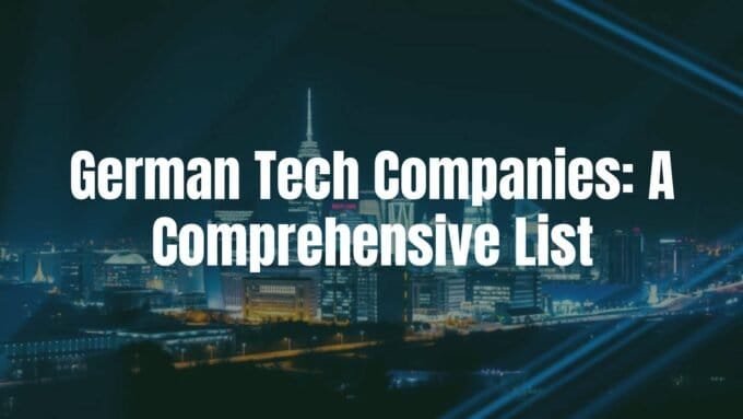 Modern skyline of a German city with glowing tech company logos, futuristic vibe, digital innovation theme, blue and white color scheme, realistic.