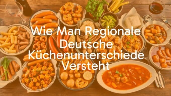 Traditional German food spread with regional dishes like sausages, pretzels, seafood, and stews, rustic wooden table, vibrant and inviting, realistic.