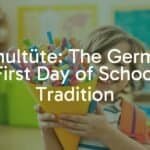 A colorful Schultüte (school cone) filled with sweets and school supplies, held by a happy child on their first day of school, bright and cheerful atmosphere, realistic.