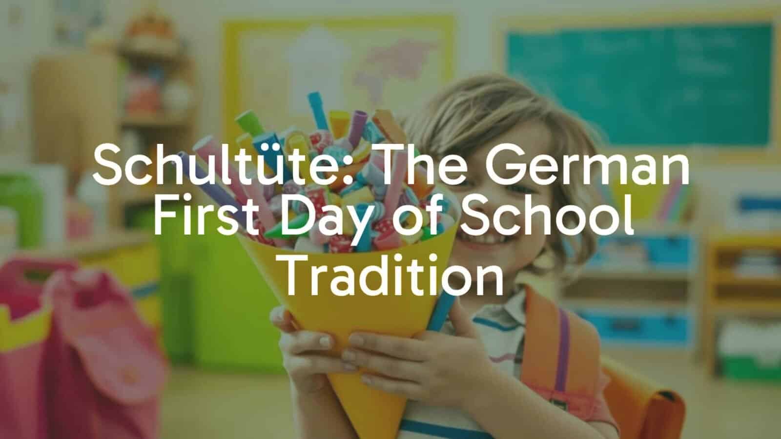 A colorful Schultüte (school cone) filled with sweets and school supplies, held by a happy child on their first day of school, bright and cheerful atmosphere, realistic.