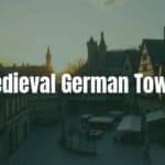 Charming medieval German town with narrow stone streets, ancient buildings, and old town walls, bustling market square, golden sunset lighting, realistic.