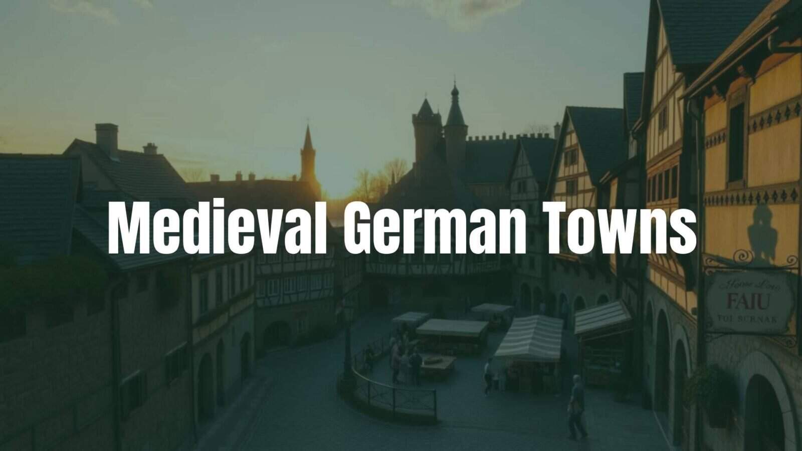Charming medieval German town with narrow stone streets, ancient buildings, and old town walls, bustling market square, golden sunset lighting, realistic.