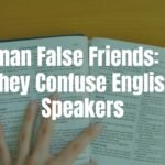 German and English dictionaries side by side, highlighted words showing false friends, confusion expression, educational vibe, illustrative.