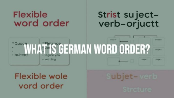 A split image showing German and English sentence structures, one side with flexible word order and cases, the other with strict SVO, clean educational style.