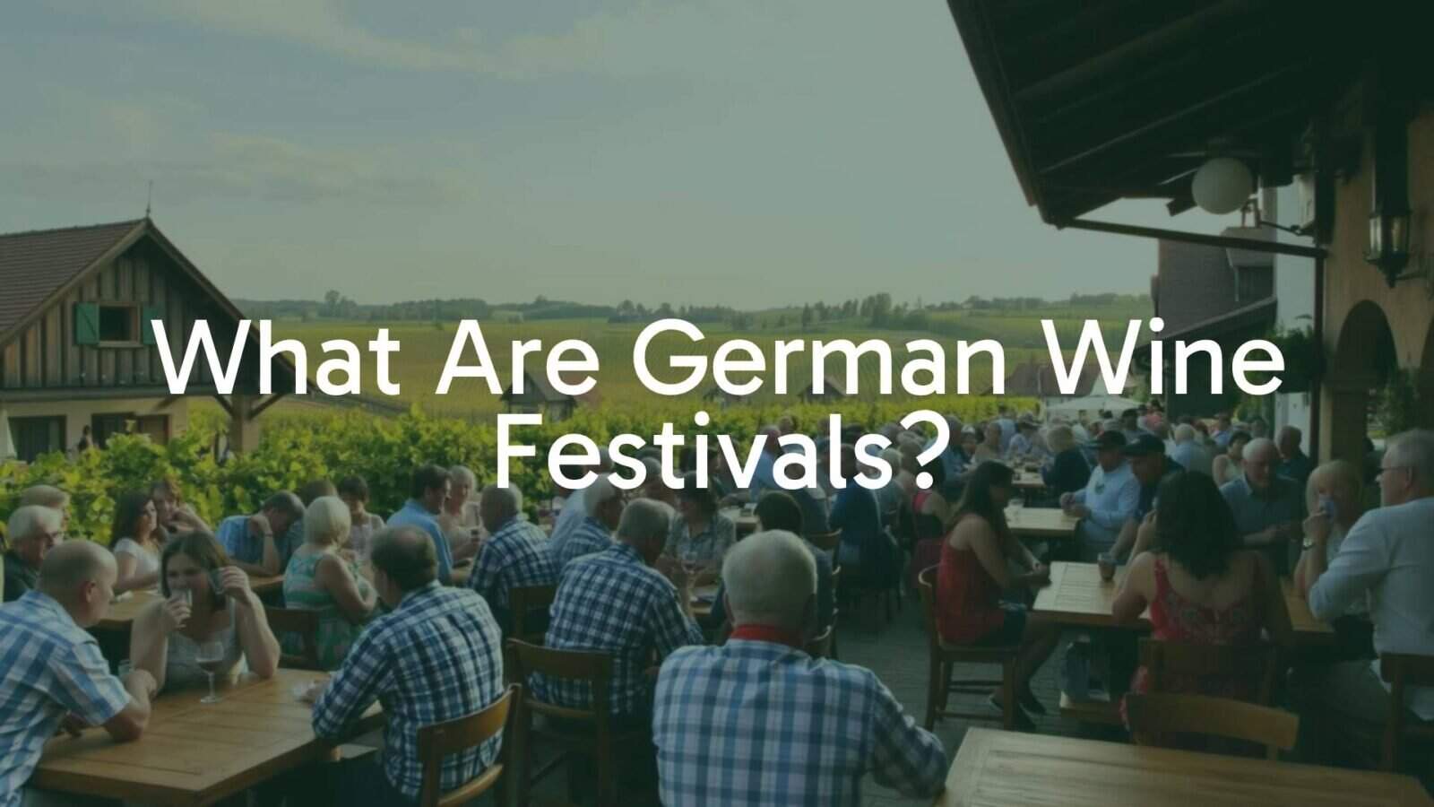 A cheerful German wine festival scene in a village square, with people enjoying wine at wooden tables, traditional music playing, and vineyards in the background, warm and inviting atmosphere, realistic.