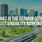 A modern German city skyline with green parks, solar panels, and efficient public transport, bright and clean urban environment, sunny day, illustrative style.