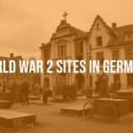 Historic World War 2 memorial site in Germany, solemn atmosphere, old buildings with damage, black and white tones, realistic.