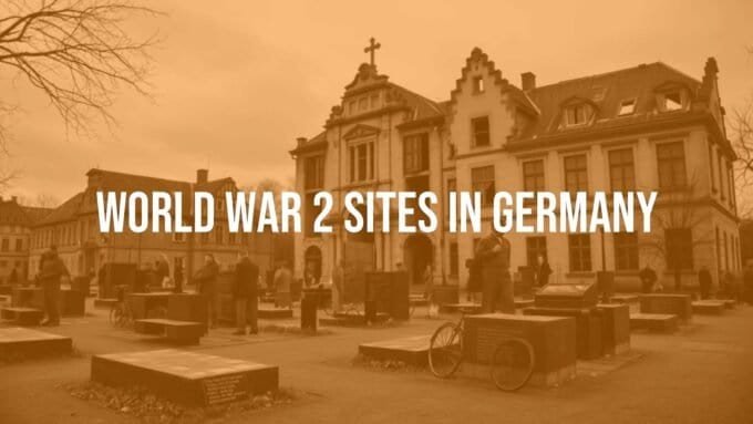 Historic World War 2 memorial site in Germany, solemn atmosphere, old buildings with damage, black and white tones, realistic.