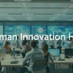 Modern high-tech innovation hub in Germany, bright and futuristic office space with collaborative workspaces, digital screens displaying data visualizations, diverse professionals discussing, vibrant and energetic atmosphere, realistic.