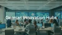 Modern high-tech innovation hub in Germany, bright and futuristic office space with collaborative workspaces, digital screens displaying data visualizations, diverse professionals discussing, vibrant and energetic atmosphere, realistic.