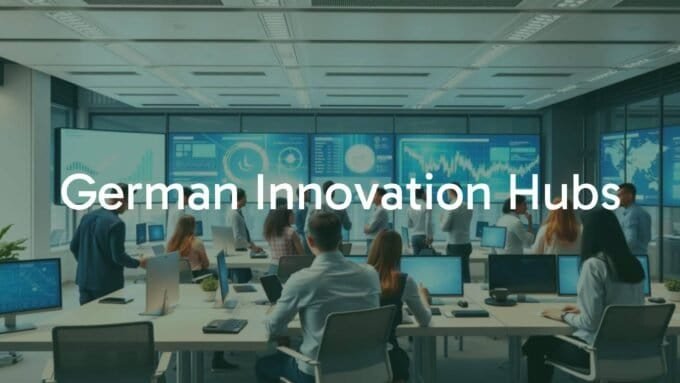 Modern high-tech innovation hub in Germany, bright and futuristic office space with collaborative workspaces, digital screens displaying data visualizations, diverse professionals discussing, vibrant and energetic atmosphere, realistic.