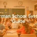 A German school classroom with diverse students, a teacher at a chalkboard, educational posters and books, bright and welcoming atmosphere, realistic.