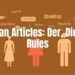 German language learning concept with 'der, die, das' words floating above gender-related symbols (masculine, feminine, neuter), clean modern illustration, educational vibe.