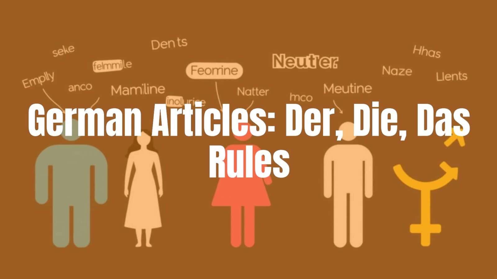 German language learning concept with 'der, die, das' words floating above gender-related symbols (masculine, feminine, neuter), clean modern illustration, educational vibe.