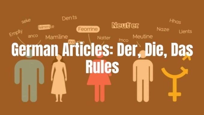 German language learning concept with 'der, die, das' words floating above gender-related symbols (masculine, feminine, neuter), clean modern illustration, educational vibe.