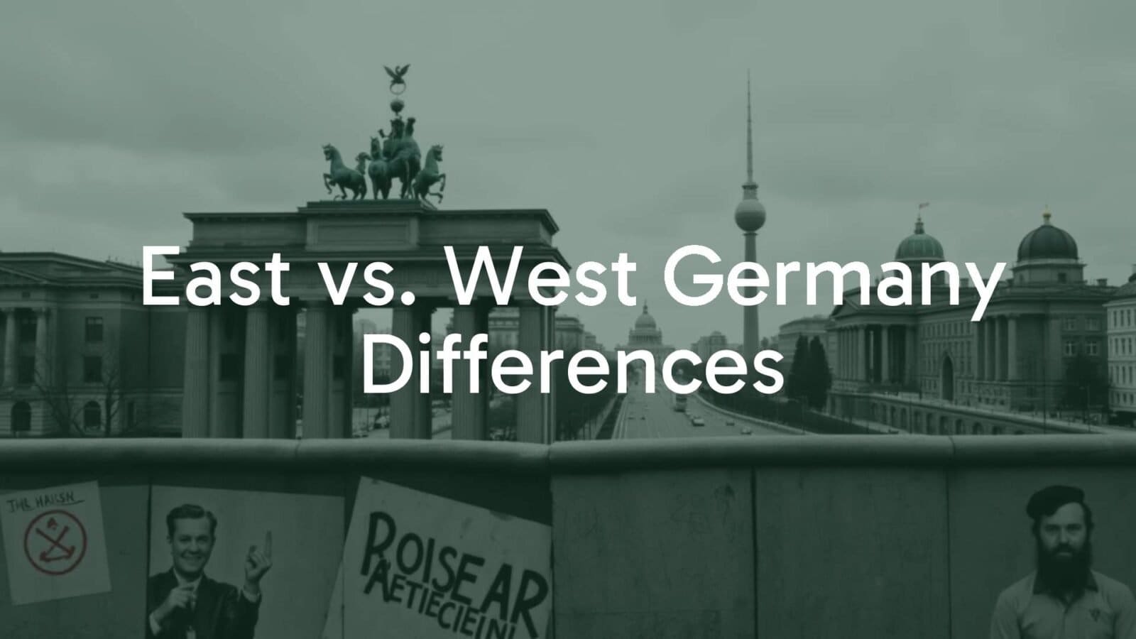 Divided Berlin with East and West Germany, Cold War era, contrasting cityscapes, Berlin Wall, historical photograph style.