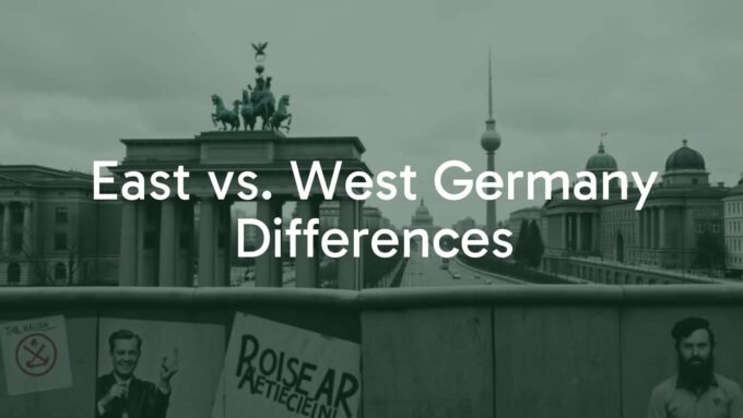 Divided Berlin with East and West Germany, Cold War era, contrasting cityscapes, Berlin Wall, historical photograph style.