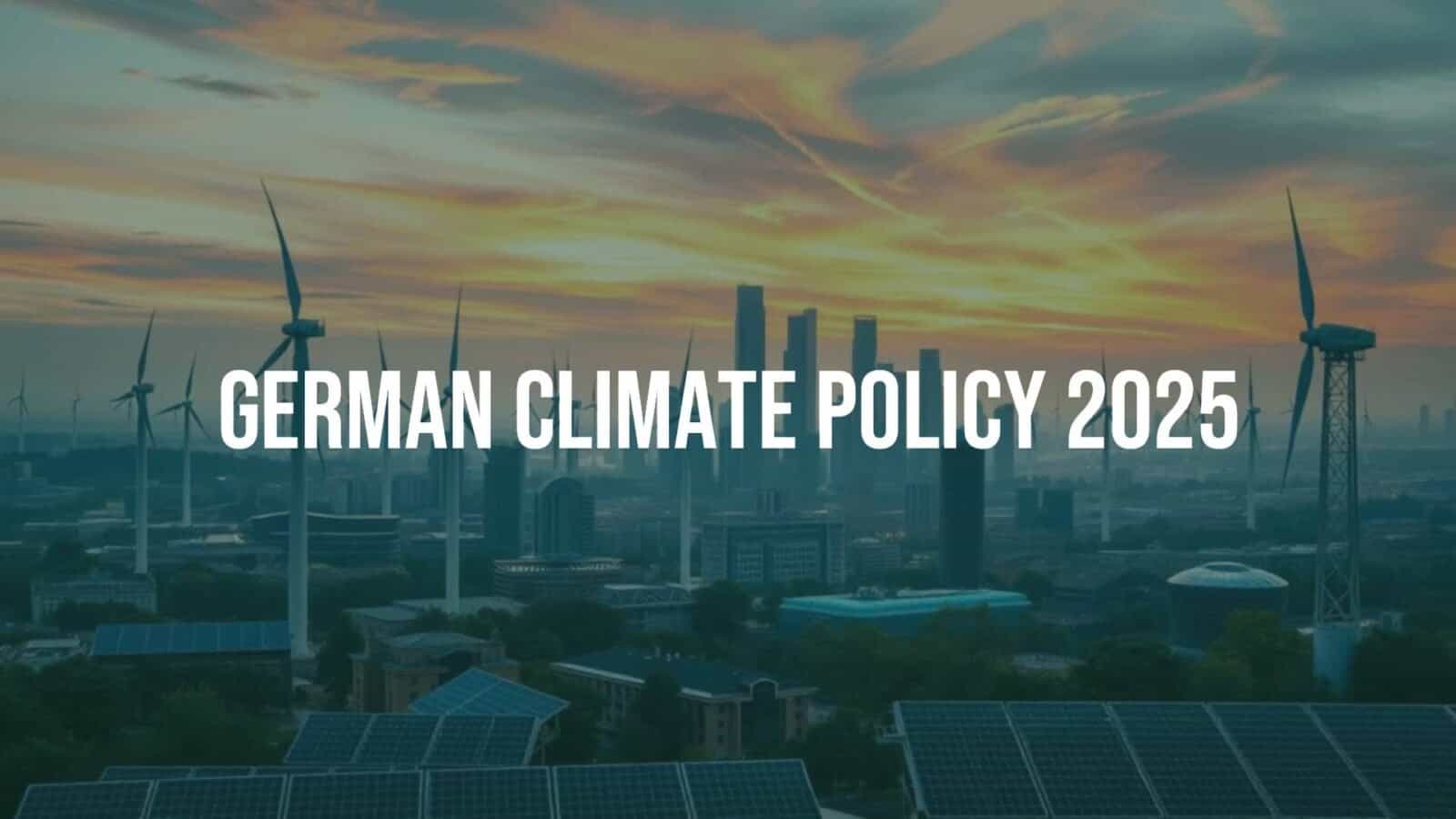 A futuristic German cityscape with wind turbines and solar panels, under a dynamic sky, representing climate policy and energy transition, modern and realistic.