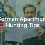 A person searching for an apartment in a busy German city, holding a rental contract, surrounded by property listings, realistic style.