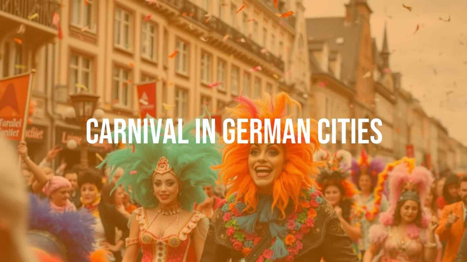 Colorful Carnival parade in a German city, vibrant costumes, confetti in the air, joyful crowd, traditional masks, festive atmosphere, realistic.
