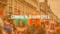 Colorful Carnival parade in a German city, vibrant costumes, confetti in the air, joyful crowd, traditional masks, festive atmosphere, realistic.