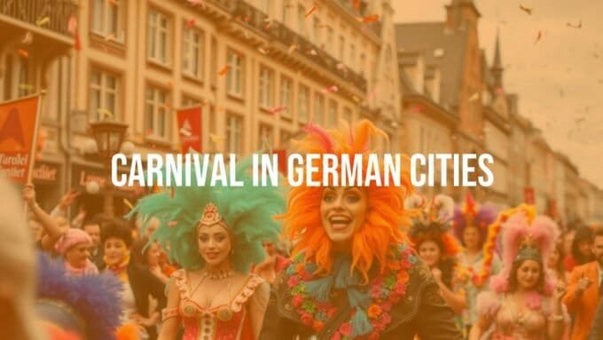 Colorful Carnival parade in a German city, vibrant costumes, confetti in the air, joyful crowd, traditional masks, festive atmosphere, realistic.