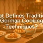 Traditional German kitchen with a wooden table filled with hearty dishes like sausages, pretzels, and stew, rustic and cozy atmosphere, warm lighting, realistic.