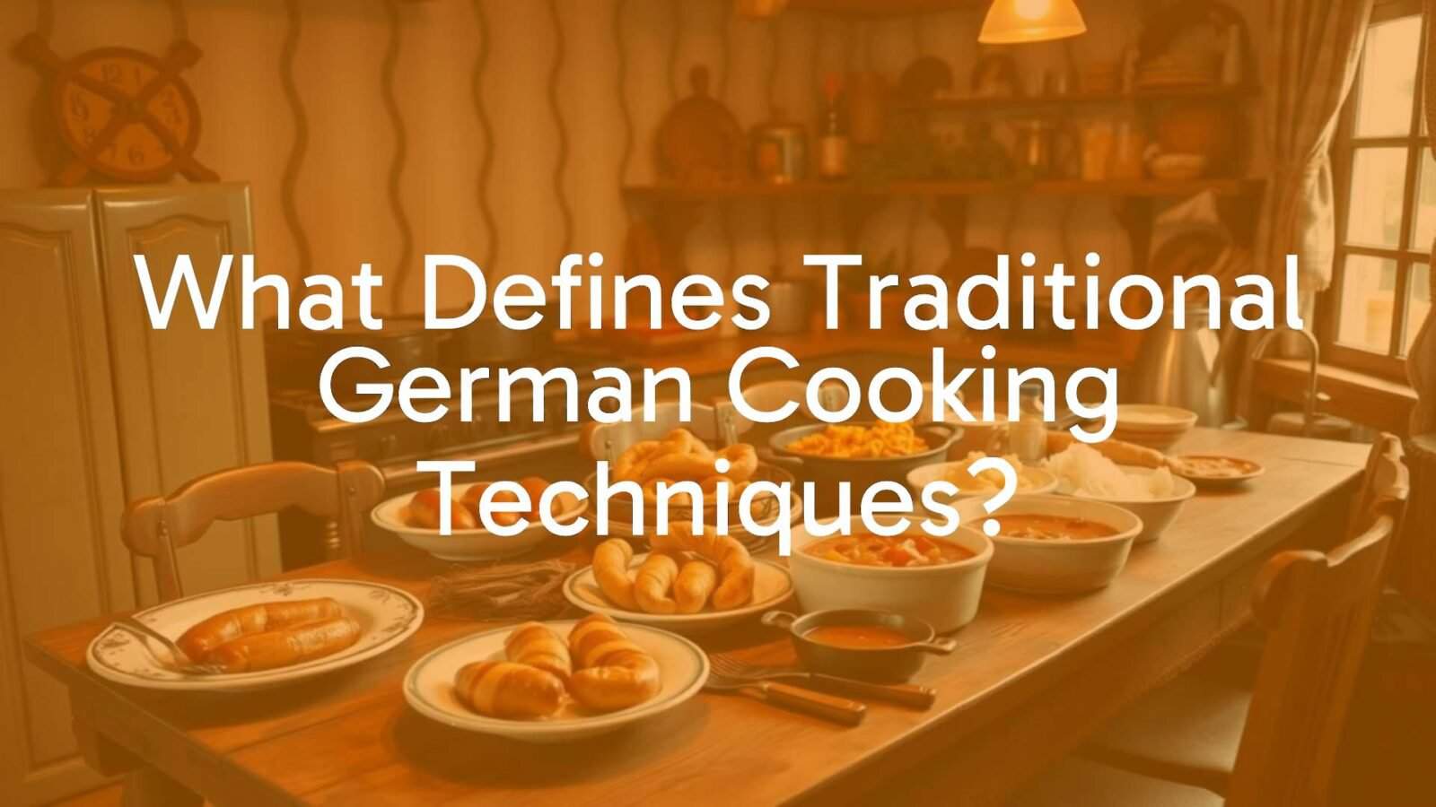 Traditional German kitchen with a wooden table filled with hearty dishes like sausages, pretzels, and stew, rustic and cozy atmosphere, warm lighting, realistic.