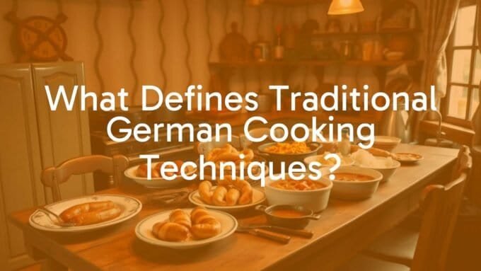 Traditional German kitchen with a wooden table filled with hearty dishes like sausages, pretzels, and stew, rustic and cozy atmosphere, warm lighting, realistic.