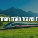 A high-speed German train racing through scenic countryside, with mountains and green fields, clear blue sky, realistic.