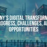 Modern digital cityscape of Germany with futuristic buildings, glowing data streams, and people using advanced technology, realistic.