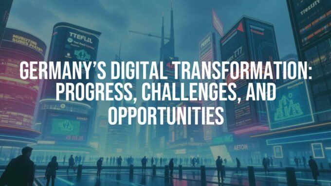 Modern digital cityscape of Germany with futuristic buildings, glowing data streams, and people using advanced technology, realistic.