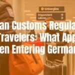 A traveler with luggage at a German customs checkpoint, official in uniform checking passport, airport or border setting, clear signage with EU and non-EU lanes, realistic style.