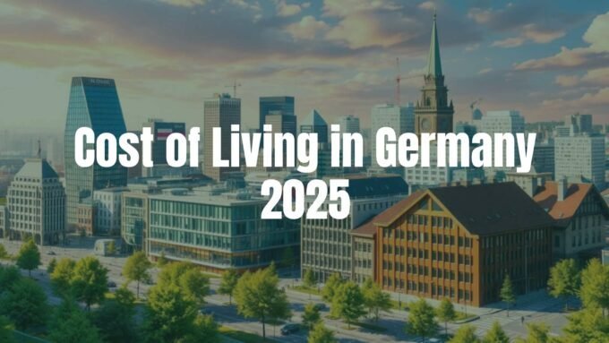 Modern cityscape in Germany with Euro currency symbols overlayed, realistic style, vibrant and informative.