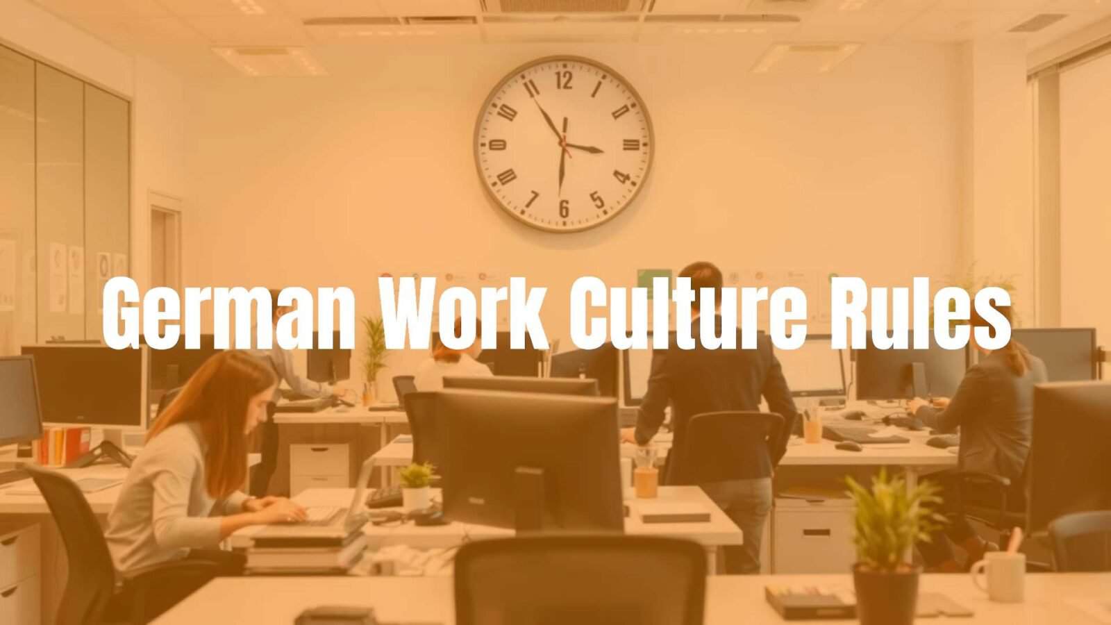 German office work environment, structured and efficient, modern workspace with professionals, clock on the wall emphasizing punctuality, clean and organized, realistic style.