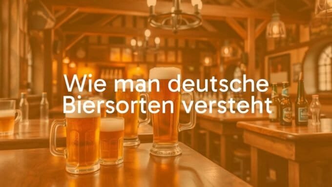 A traditional German beer hall scene with wooden tables, tall foamy beer mugs, and a variety of German beer bottles, warm lighting, realistic.