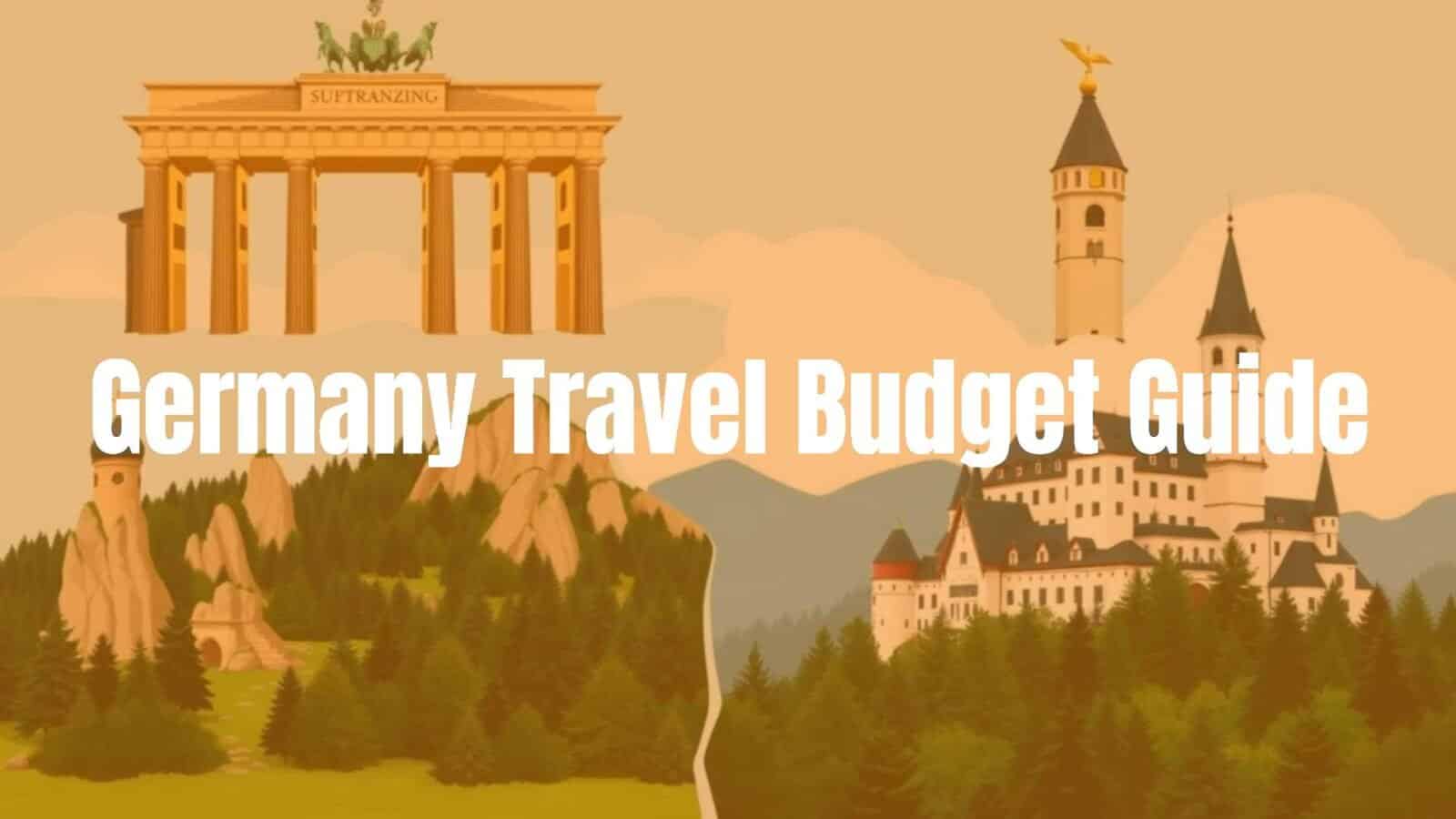 German landmarks collage, Berlin Brandenburg Gate, Neuschwanstein Castle, Black Forest, budget travel vibe, illustrative style, bright and inviting colors.