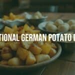 Traditional German potato dishes, hearty and rustic, golden fried potatoes and dumplings on a wooden table, warm lighting, cozy atmosphere, realistic.
