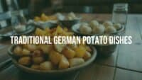 Traditional German potato dishes, hearty and rustic, golden fried potatoes and dumplings on a wooden table, warm lighting, cozy atmosphere, realistic.