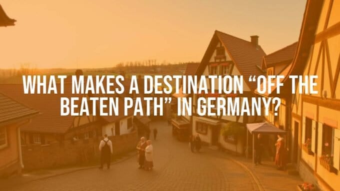 Quaint German village, cobblestone streets, old timber-framed houses, locals in traditional attire, peaceful countryside backdrop, warm sunset lighting, realistic style.